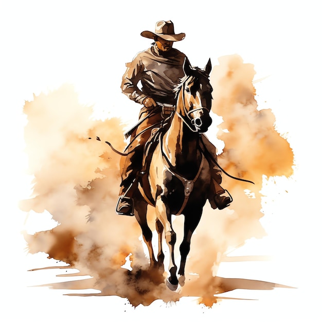Aquarell Cowboy-Silhouette auf dem Pferd Western Wild West Cowboy Wüsten-Illustration