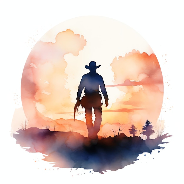 Aquarell Cowboy-Silhouette mit Sonnenuntergang im Hintergrund Western Wild West Cowboy Wüsten-Illustration