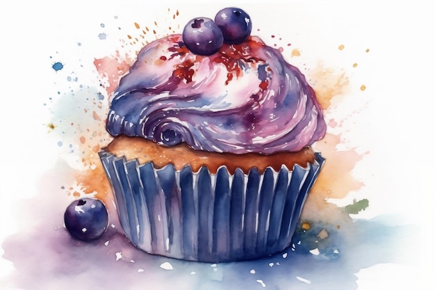 Aquarell-Cupcake mit Blaubeeren auf durchsichtigem Hintergrund