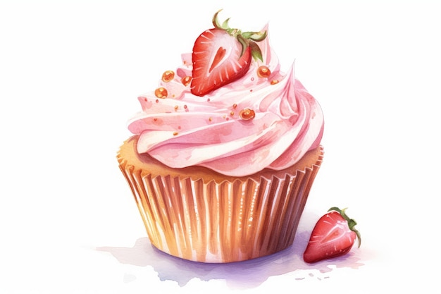 Aquarell-Cupcake mit Erdbeer-Champagner-Zuckerguss und essbaren Goldflocken auf weißem AI-Generator