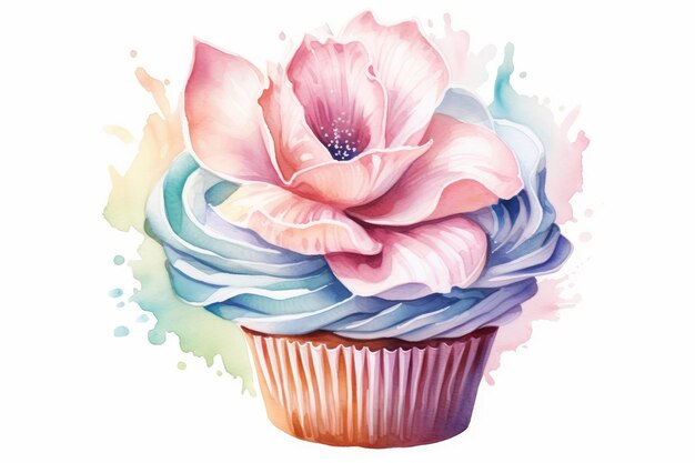 Aquarell-Cupcake mit Vanille-Zuckerguss-Strudel und einer Zuckerblume auf weißem Hintergrund, von der KI generiert