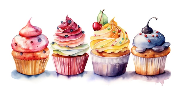 Aquarell-Cupcakes auf weißem Hintergrund