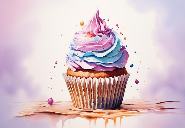 Aquarell-Cupcakes mit Sahne und Sprinkle auf weißem Hintergrund