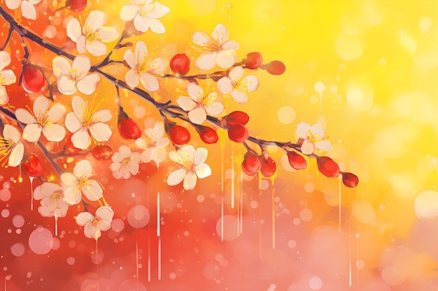 Aquarell dekorative gelbe Aprikosenblüten Rahmen Hintergrund für die Feier des asiatischen Lunar Neujahrs