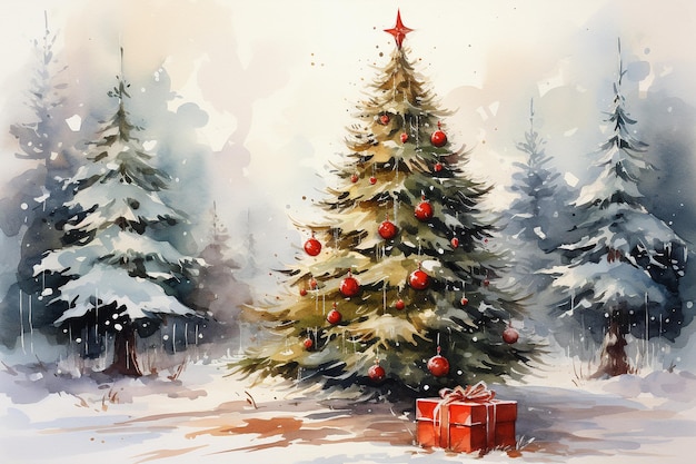 Aquarell der Weihnachtsbaumdekoration der frohen Weihnachten