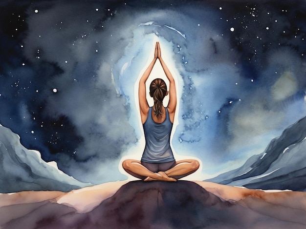 Aquarell der Yoga-Pose mit einem Galaxien- oder sternenreichen Nachthimmel-Hintergrund