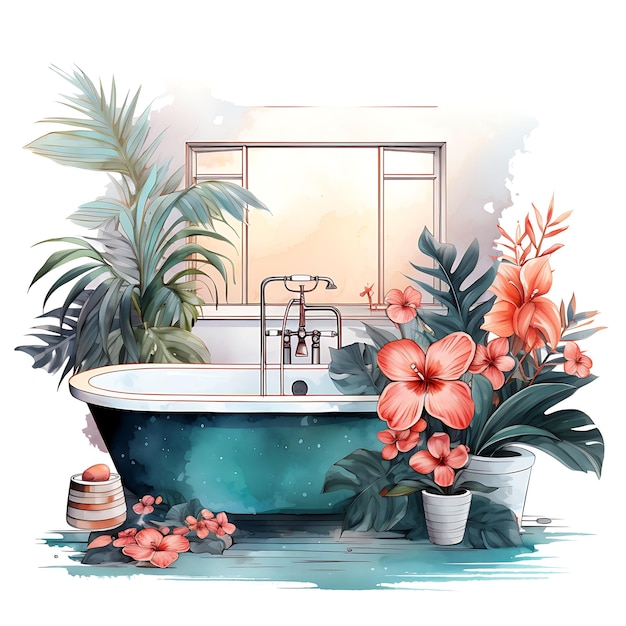 Foto aquarell des badezimmers mit tropischem paradies teal und korallenfarbe palm le art tshrit sticker ink