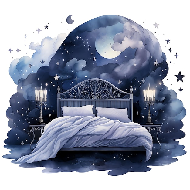 Aquarell des Schlafzimmers mit verträumtem Nachthimmel Wandgemälde Indigo und Silber Farbe Kunst Tshrit Sticker Tinte