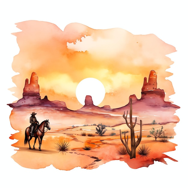 Aquarell Desert Sonnenuntergang West Wild West Cowboy Wüsten Illustration Clipart