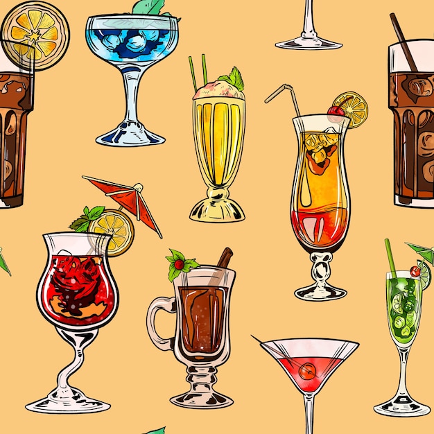 Aquarell digitale Illustration nahtlose Muster von Cocktails in verschiedenen Formen