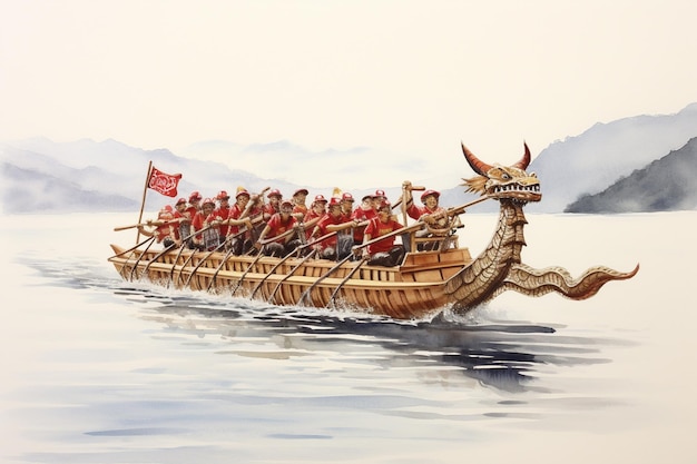 Foto aquarell-drachenboot auf einem boot