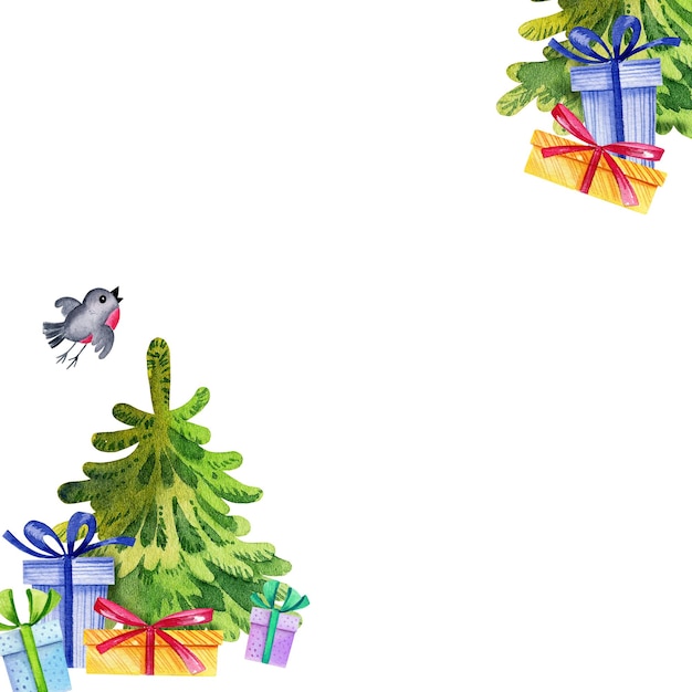 Aquarell-Eckrahmen des Weihnachtsthemas mit einem Weihnachtsbaum und Geschenkwinterillustration