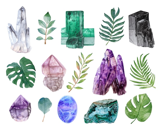 Aquarell edelsteine kristalle blätter isoliert auf weißem hintergrund quarz smaragd schwarzer turmalin pinkquartz amethyst mondstein chrysokoll tropische blätter