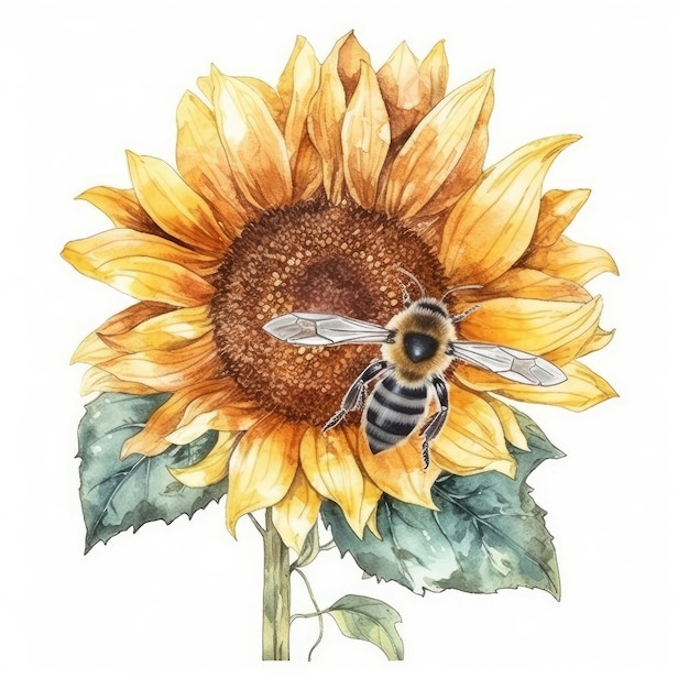Aquarell einer Sonnenblume, um die herum eine Biene summt