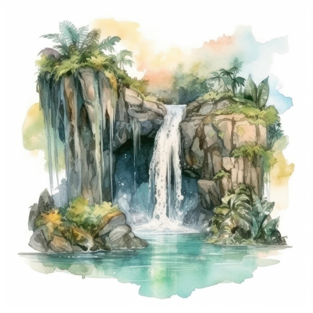 Aquarell einer tropischen Insel mit einem Wasserfall, der in einen natürlichen Pool stürzt