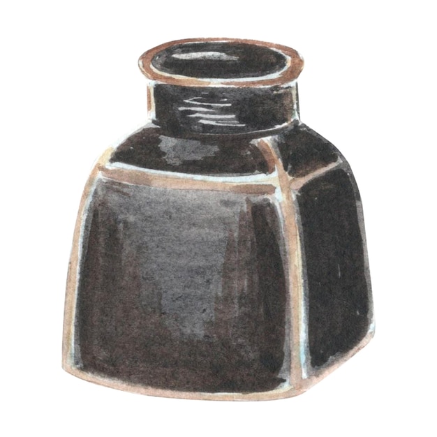 Aquarell eines alten Tintenkessels für Federn-Stifts Vorlage Illustration einer antiken Tintenflasche Hand