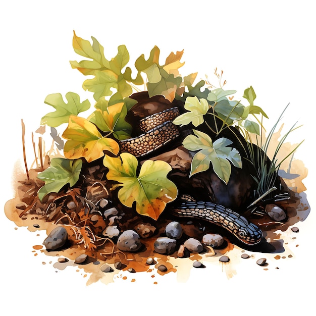 Foto aquarell eines blattstumpfs waldboden salamander schlitzend surr natürliches szenenkonzept
