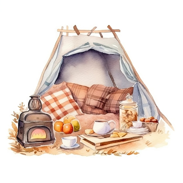 Aquarell eines gemütlichen Picknicks in einem Zelt mit warmen Decken