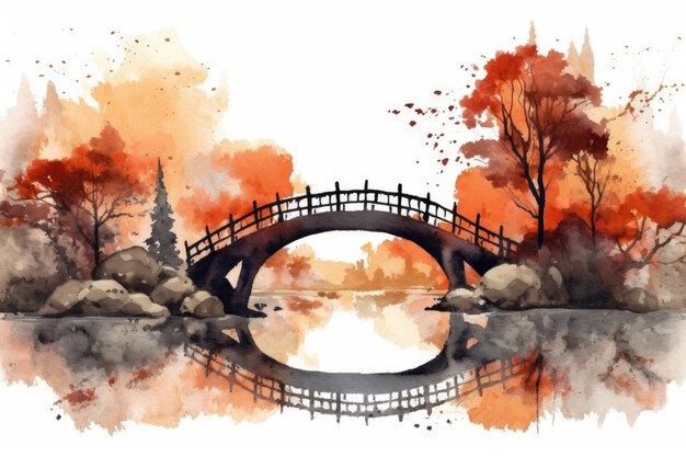 Aquarell eines Herbstwaldes an einer Brücke auf weißem Hintergrund