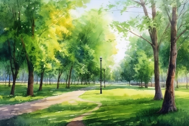 Aquarell eines ruhigen öffentlichen Parks mit üppigem Grün