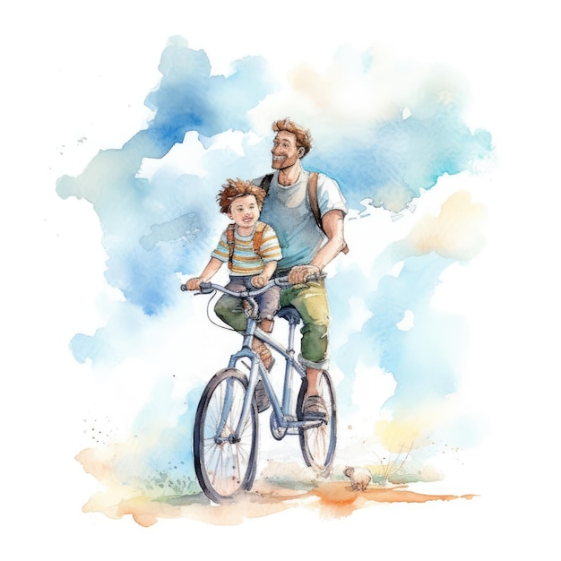 Aquarell eines Vaters und eines Kindes, die gemeinsam Fahrrad fahren