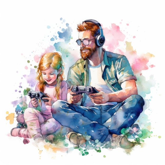 Aquarell eines Vaters und eines Kindes, die gemeinsam Videospiele spielen