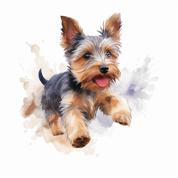 Aquarell eines Yorkshire-Terrier-Welpen, der auf weißem Hintergrund läuft.