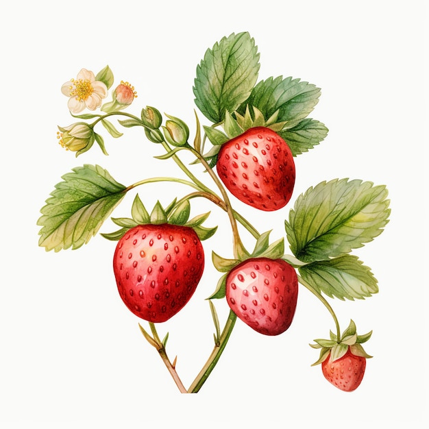 Aquarell-Erdbeere auf einem Ast mit Blättern, Aquarell-Clipart-Illustration