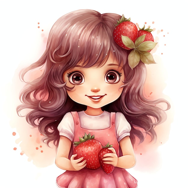 Aquarell Erdbeere süße Ganzkörper lächelnde kleine Mädchen Aquarell Clipart Illustration