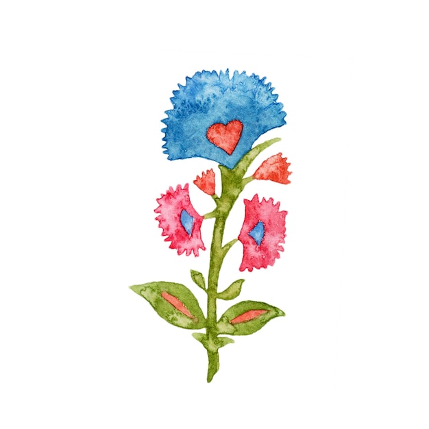 Aquarell exotische blaue und rosa Blumen mit Blättern auf weißem Hintergrund