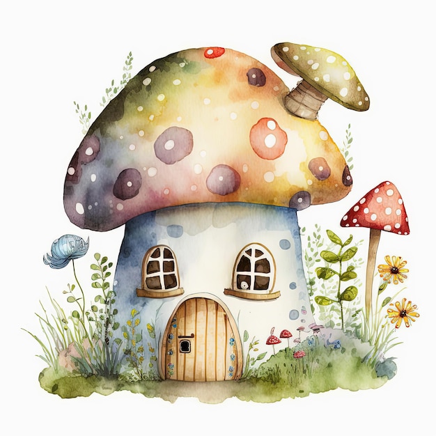 Aquarell-Fantasie-Pilzhaus-Illustration auf weißem Hintergrund Ai generiert