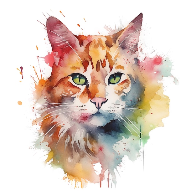 Aquarell farbenfrohes Porträt einer Katze mit Spritzern isoliert auf weiß Generative KI