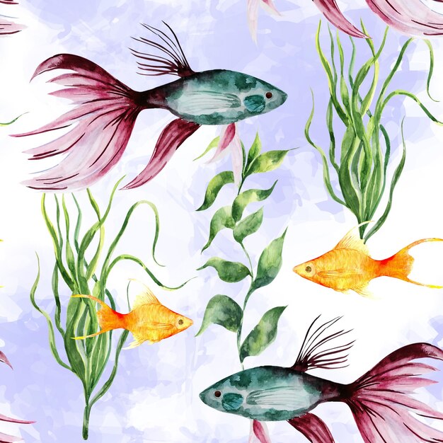 Aquarell Fisch nahtlose MusterTropische Fische Algen auf weißem Hintergrund