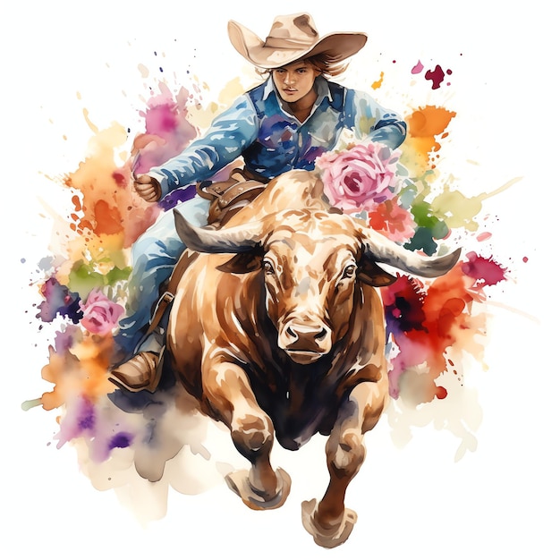 Aquarell floral Rodeo Bull Rider Western Wild West Cowboy Wüste Illustration Clipart