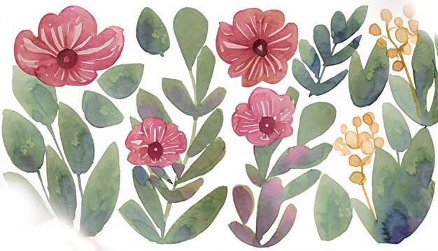 Foto aquarell florale dekorative elemente vorlage flache cartoon-illustration isoliert auf weiß