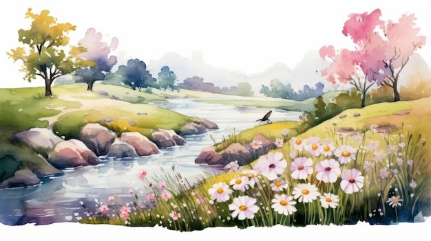Aquarell-Flusslandschaft mit Blumen Uhd-Bild inspiriert von Eric Carle