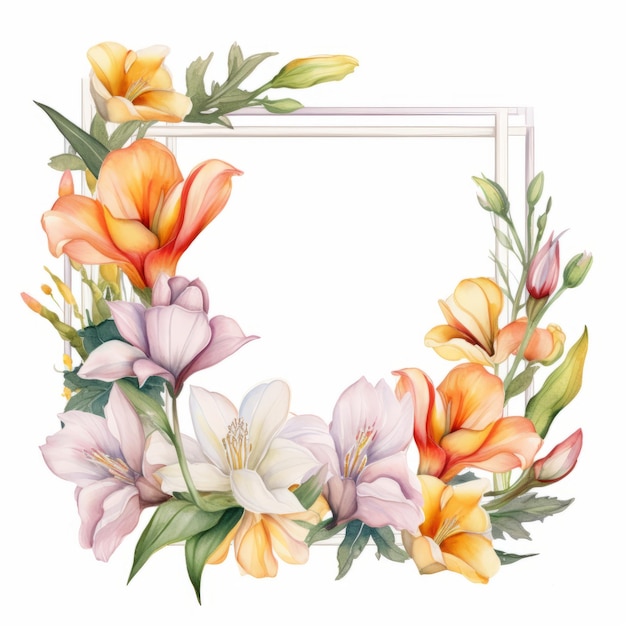 Aquarell Freesia Rahmen mit Lilien und Blumen