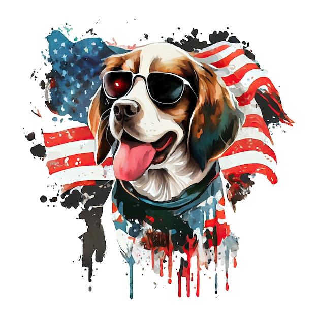 Aquarell fröhlicher süßer patriotischer Hundewelpe mit Aufdruck der amerikanischen Flagge 4. Juli Unabhängigkeitstag USA