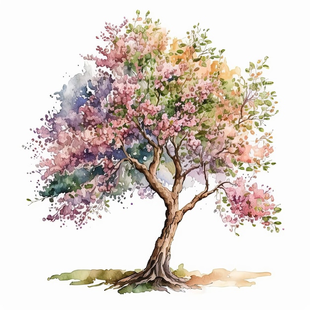 Aquarell Frühling Kirschbaum Illustration auf weißem Hintergrund Ai generiert