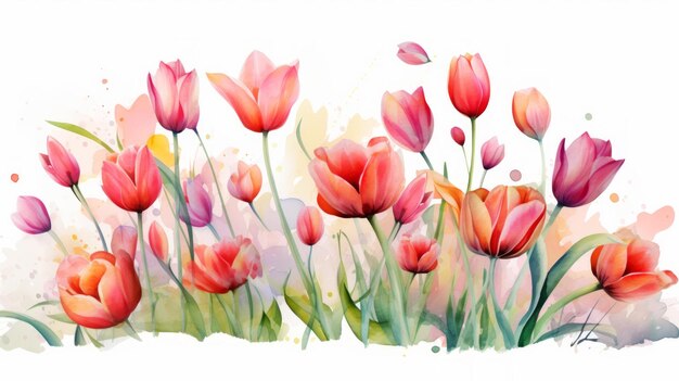 Aquarell Frühlings-Hintergrund mit Tulpenblumen Handgezeichnete Vektorillustration Generative KI