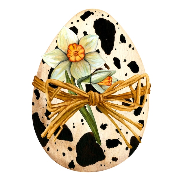 Aquarell-Frühlings-Oster-Illustration mit Blumen-Narzissen-Weidenzweigen federgefärbten Eiern