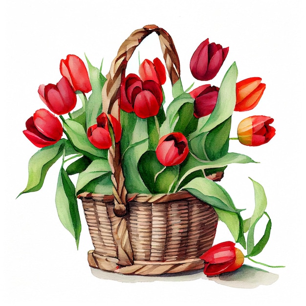 Aquarell Frühlingsstrauß aus Tulpen auf weißem Hintergrund. Blumen in einem Korb für Postkarten. 8. März