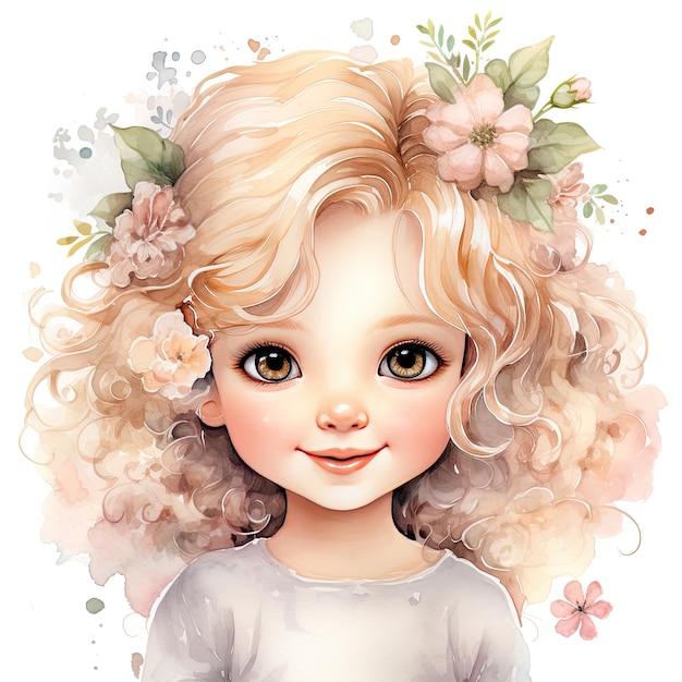 Aquarell für ein kleines Mädchen mit Blumen in Pastellfarben