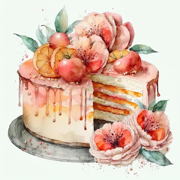 Aquarell-Geburtstags-Kuchen-Illustration AI generativ