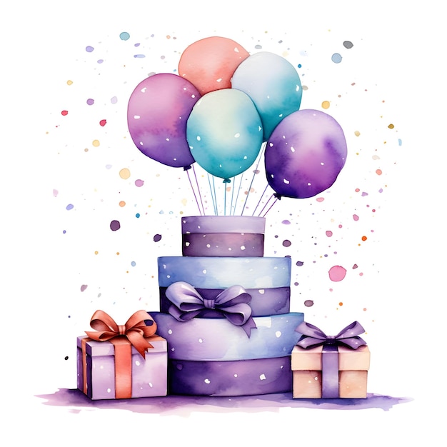 Aquarell-Geburtstagsgeschenke, Ballons, Kuchen