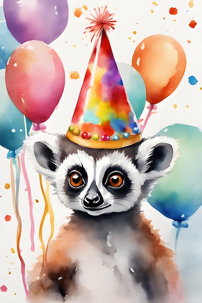 Foto aquarell-geburtstagskarte lemur in einem geburtstagshut mit geburtstagskuchen mit ballons