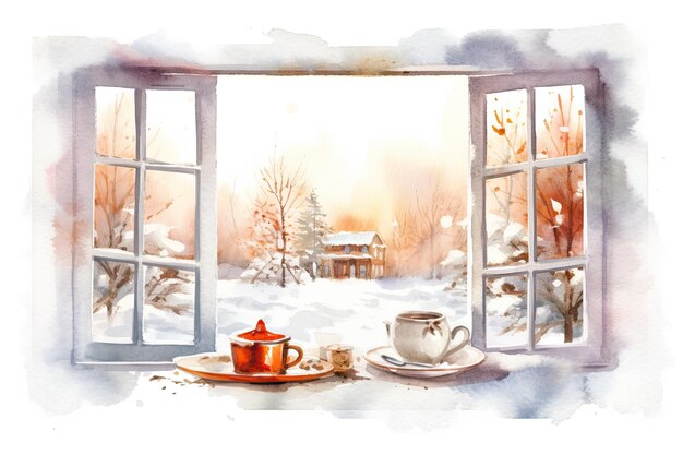 Aquarell gemütlich Winter Küchenfenster