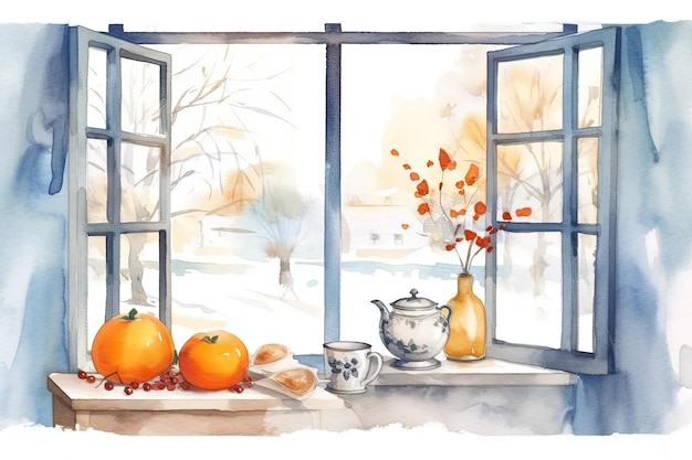 Aquarell gemütlich Winter Küchenfenster