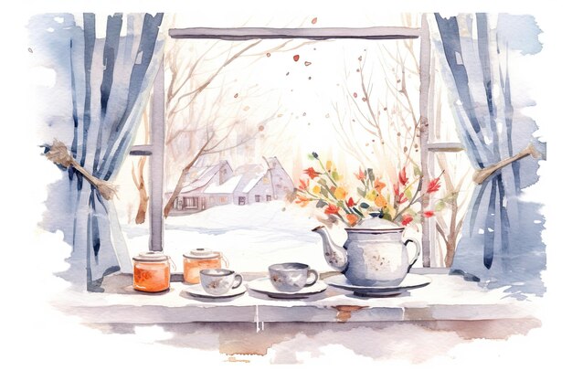 Aquarell gemütlich Winter Küchenfenster