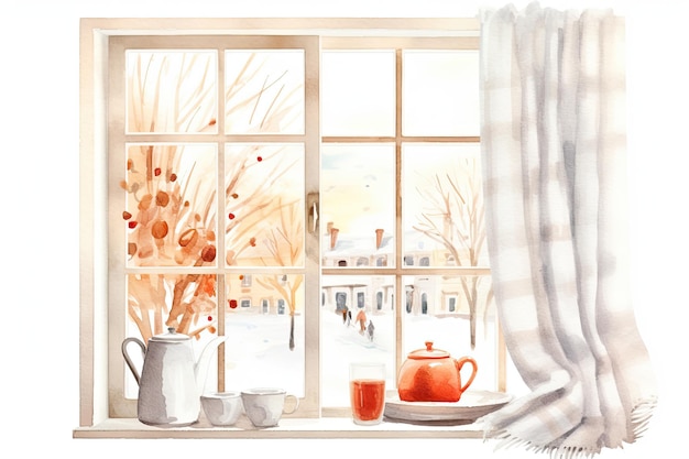 Aquarell gemütlich Winter Küchenfenster